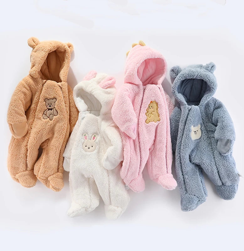 Cozy Critter Winter Romper – Hooded Plush Jumpsuit (0–12 Months)