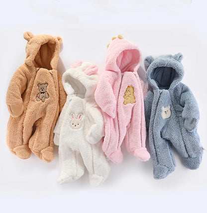 Cozy Critter Winter Romper – Hooded Plush Jumpsuit (0–12 Months)