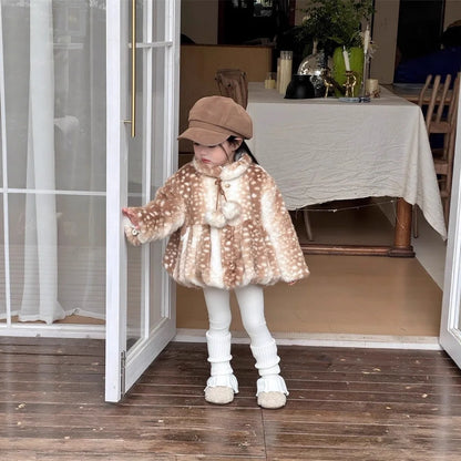 Deer Print Plush Winter Coat for Girls with Pom-Pom Ties