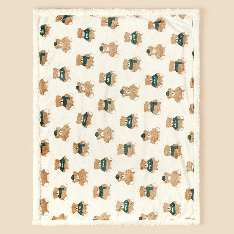 Teddy Bear & Bunny Print Sherpa Fleece Baby Blanket