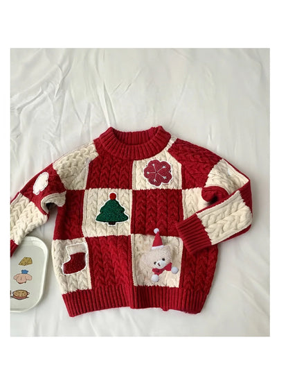 Red & Cream Christmas Patchwork Cable Knit Sweater for Kids