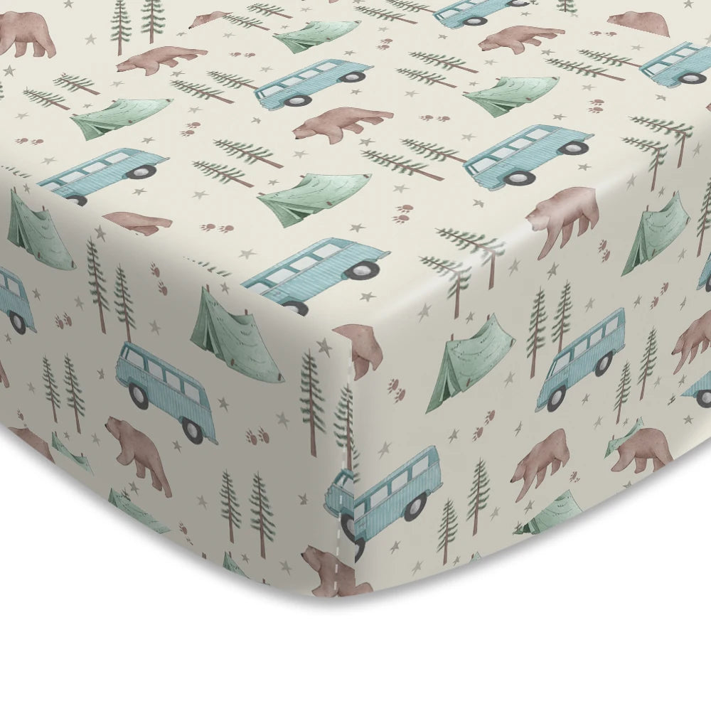 Woodland Adventure & Teddy Bear Print Fitted Crib Sheet