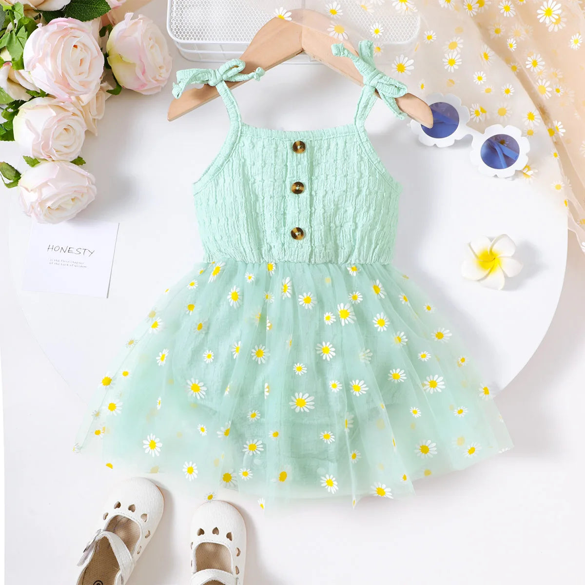Mint Daisy Tulle Skirt Romper Dress for Baby Girls