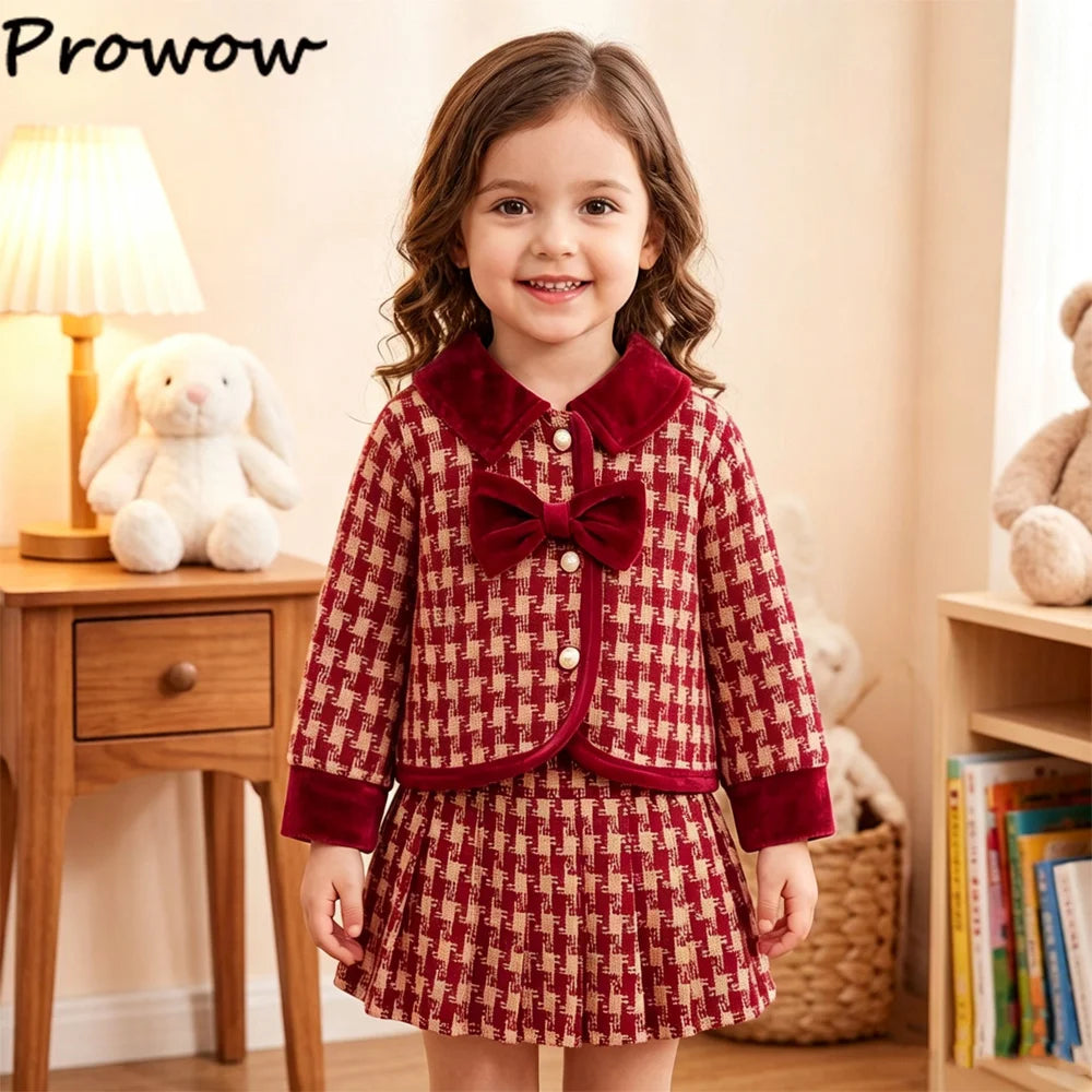 Burgundy Plaid Bow Jacket & Pleated Skirt Set for Girls