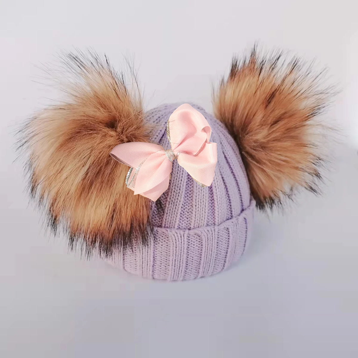 Double Pom Knit Beanie & Scarf Set with Bow