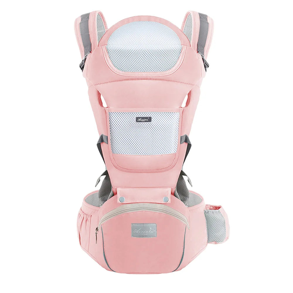 Breathable Mesh Baby Carrier with Hip Seat & Storage Pockets
