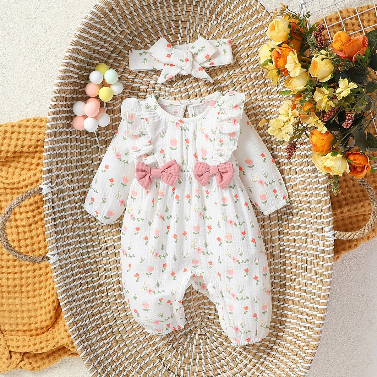Bow-Detail Textured Cotton Romper & Headband Set for Baby Girls