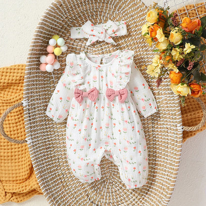 Bow-Detail Textured Cotton Romper & Headband Set for Baby Girls