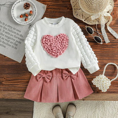 3D Heart Textured Sleeve Top & Pleated Skirt Set for Girls
