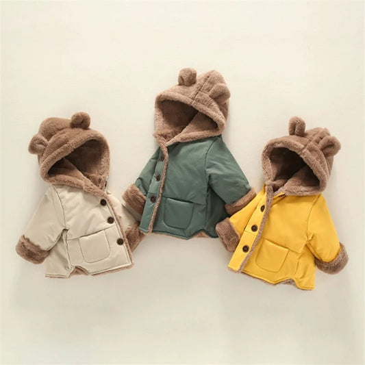 Bear-Ear Plush Lined Hooded Coat for Toddlers
