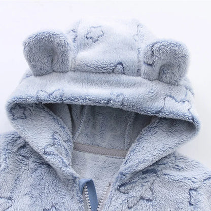 Plush Hooded Baby Jumpsuit – Cozy Flannel One-Piece with Bear Ears (0–12 Months)