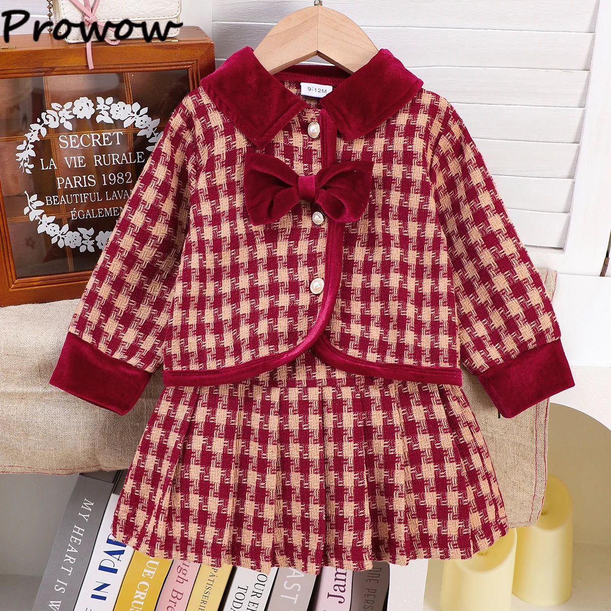 Burgundy Plaid Bow Jacket & Pleated Skirt Set for Girls