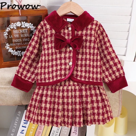 Burgundy Plaid Bow Jacket & Pleated Skirt Set for Girls