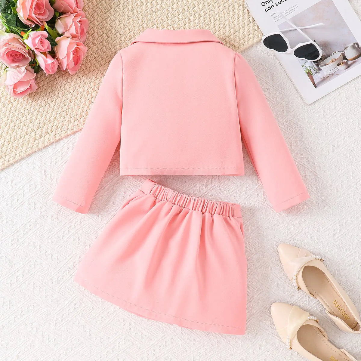 3D Rose Girls’ Blazer & Pleated Skirt Set