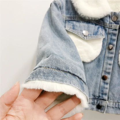 Girls Fleece-Lined Denim Jacket with Faux Fur Collar – Warm Winter Coat (1–6 Years)