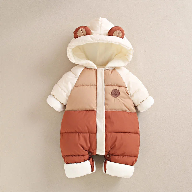 Colorblock Bear-Ear Hooded Padded Baby Snowsuit