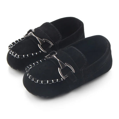 Metal Buckle Suede-Look Baby Loafers with Contrast Stitching