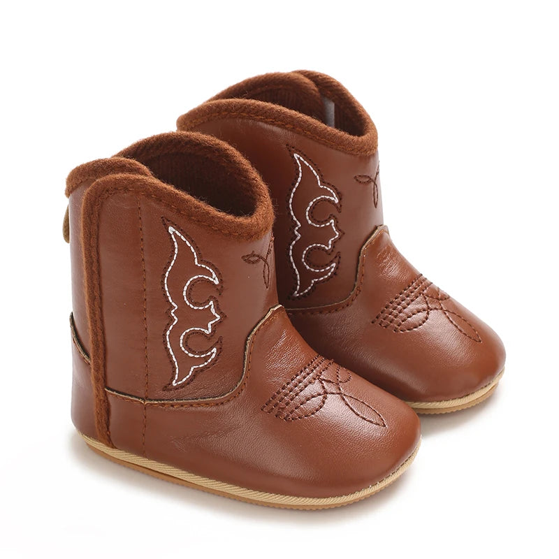 Western Floral Embroidered Baby Cowboy Boots with Soft Cotton Soles