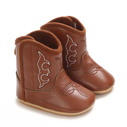 Western Floral Embroidered Baby Cowboy Boots with Soft Cotton Soles