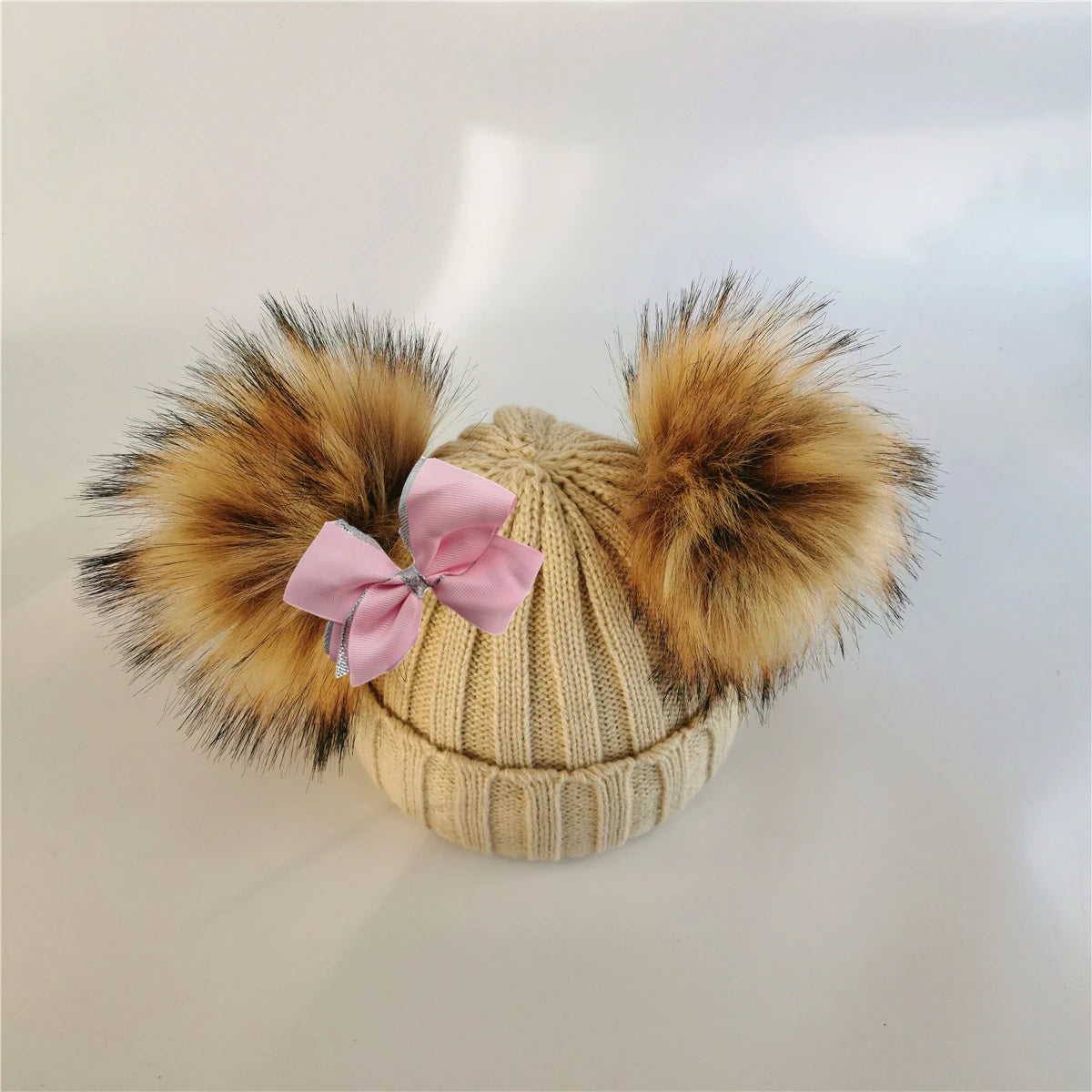 Double Pom Knit Beanie & Scarf Set with Bow