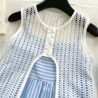 Blue Striped Tiered Dress & Crochet Vest Set for Girls