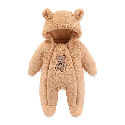 Cozy Critter Winter Romper – Hooded Plush Jumpsuit (0–12 Months)