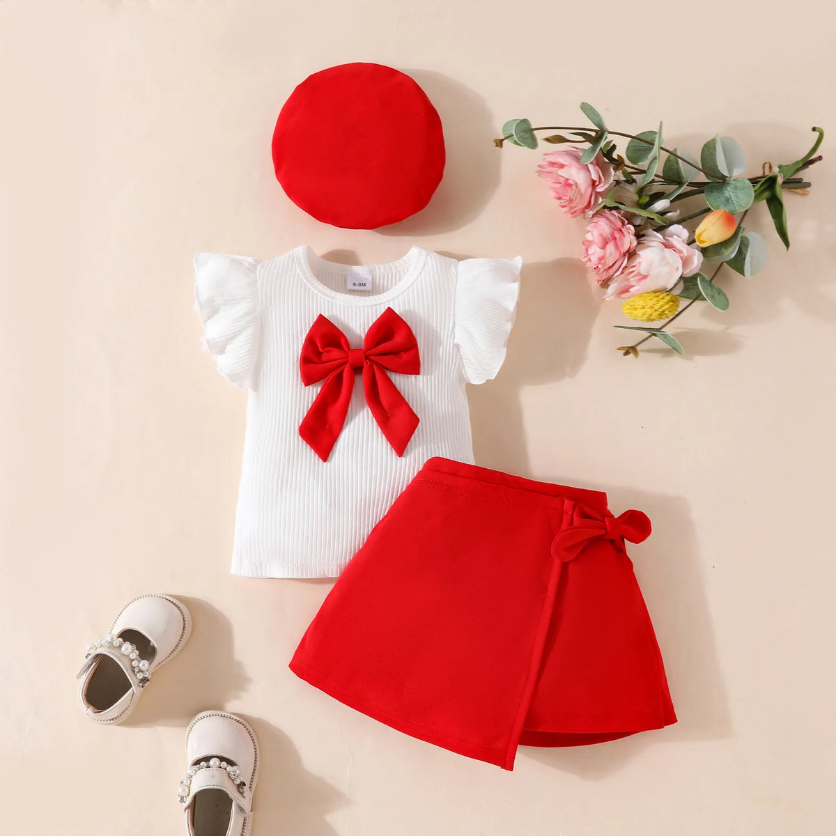 Floral Appliqué Ribbed Top & Pleated Shorts Set for Girls