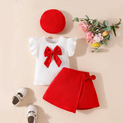 Floral Appliqué Ribbed Top & Pleated Shorts Set for Girls