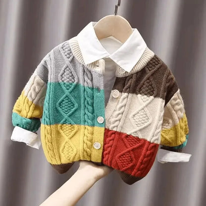 Colorblock Cable Knit Button-Up Cardigan for Kids