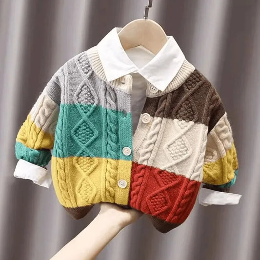 Colorblock Cable Knit Button-Up Cardigan for Kids