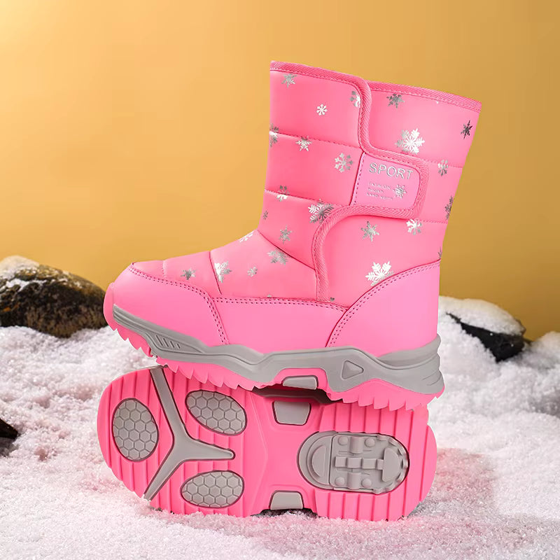 Snowflake Print Fur-Lined Winter Snow Boots for Girls