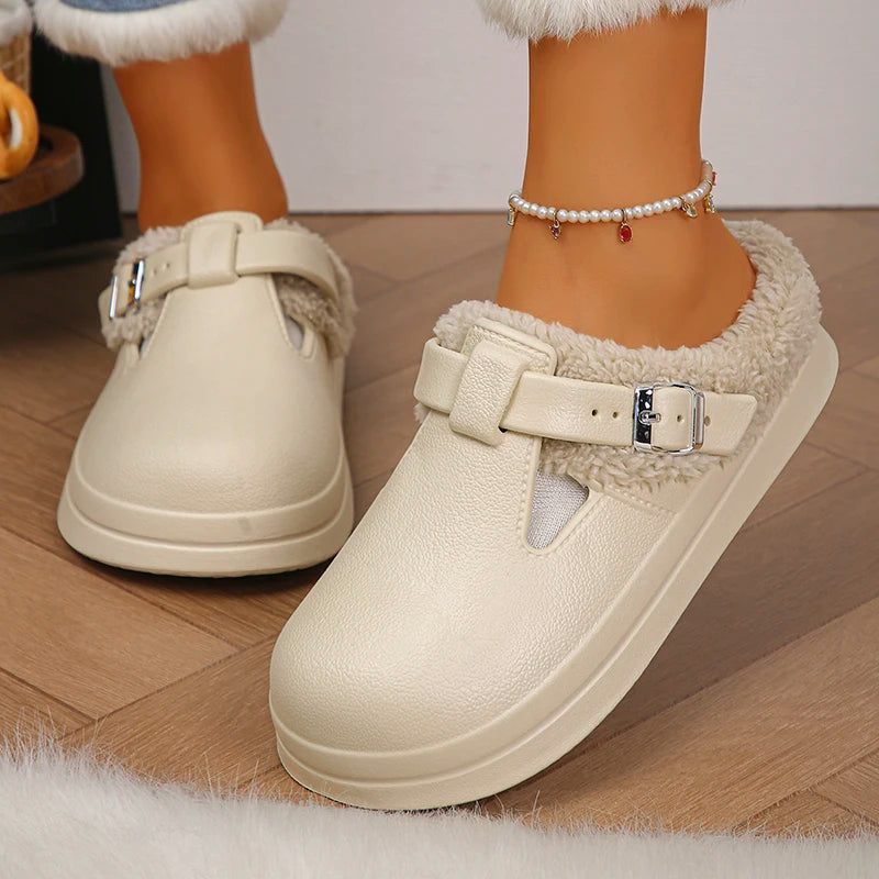 Faux Fur-Lined Buckle Clog Slippers for Girls
