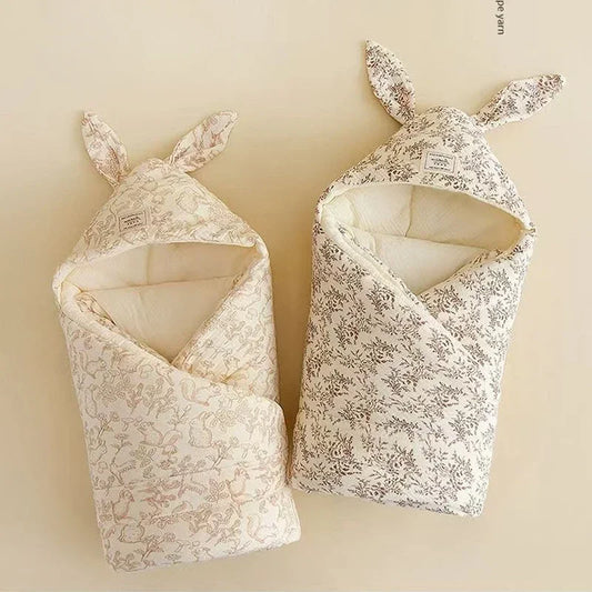 Bunny Ear Hooded Cotton Baby Swaddle Wrap with Quilted Lining