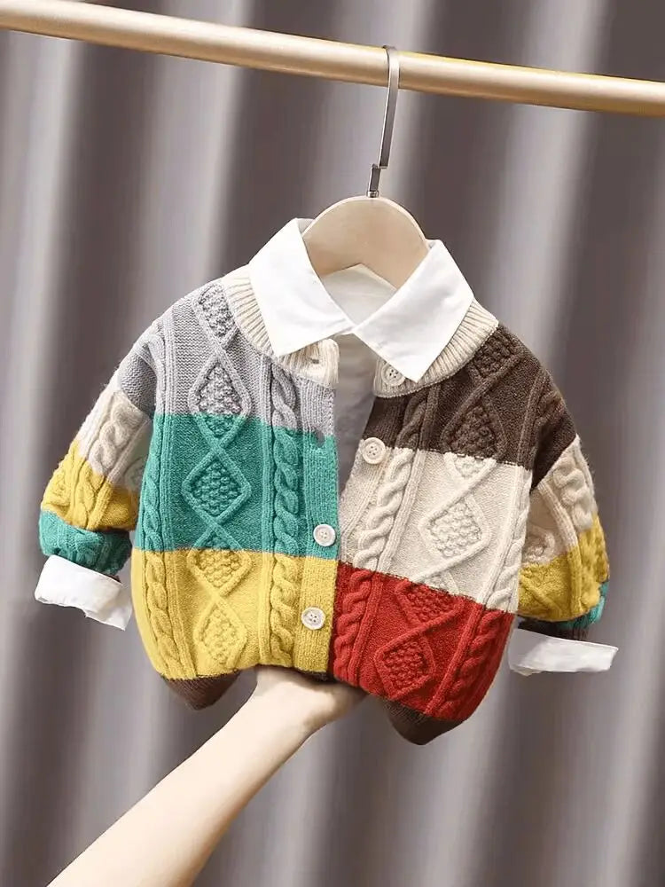Colorblock Cable Knit Button-Up Cardigan for Kids