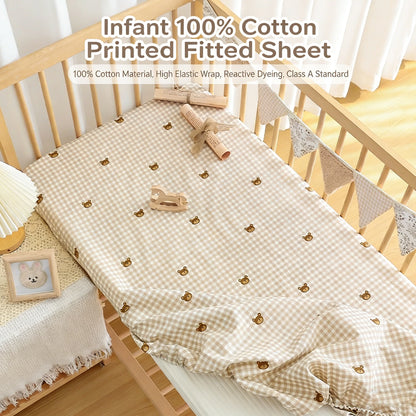 Playful Teddy Bear & Animal Print Cotton Crib Fitted Sheet