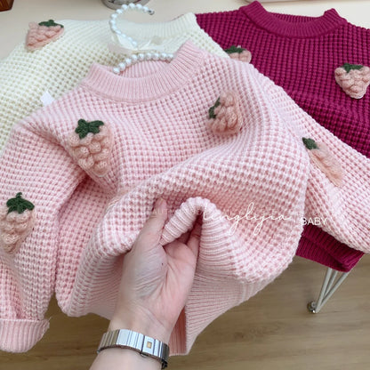 Girls Strawberry Knit Sweater – Cozy Textured Pullover (2–7 Years), Round Neck