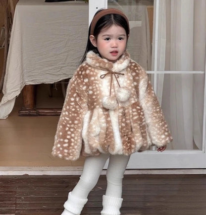 Deer Print Plush Winter Coat for Girls with Pom-Pom Ties