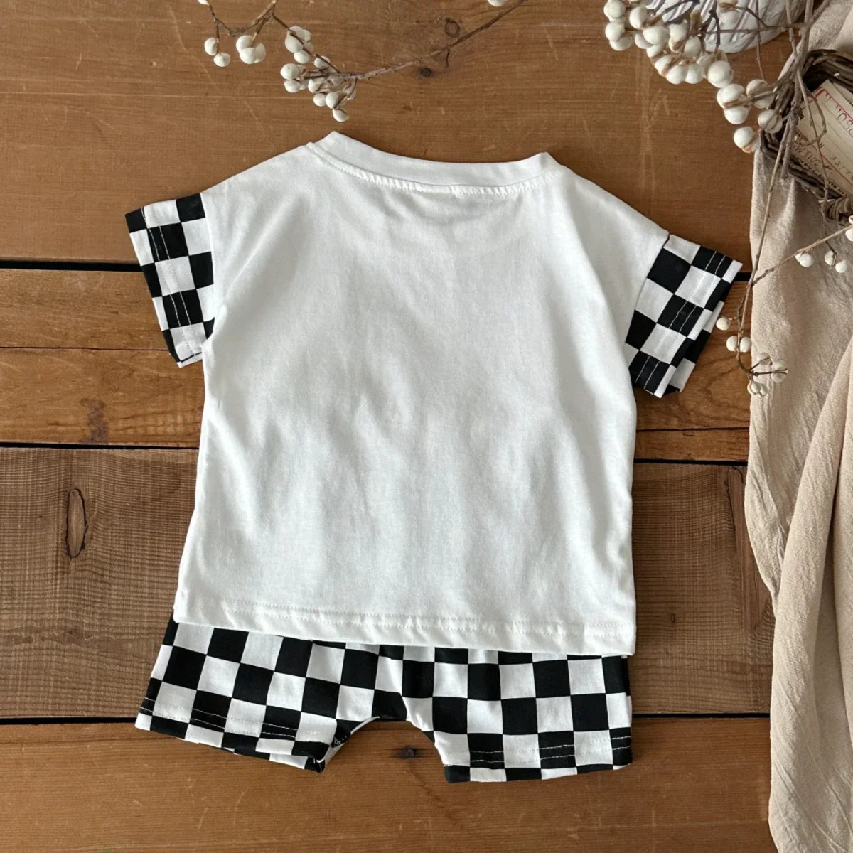 Black & White Checkerboard Tee & Shorts Set for Boys