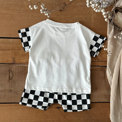 Black & White Checkerboard Tee & Shorts Set for Boys