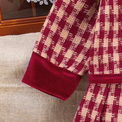 Burgundy Plaid Bow Jacket & Pleated Skirt Set for Girls