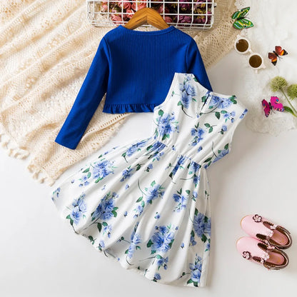 Floral Bow Dress & Ruffle-Trim Cardigan Set for Girls