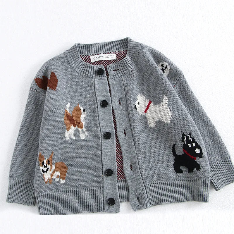 Unisex Kids Dog Knit Cardigan Sweater (18–24 Months to 8 Years) – Button-Front, Cozy Crew Neck