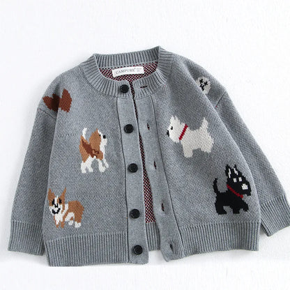 Unisex Kids Dog Knit Cardigan Sweater (18–24 Months to 8 Years) – Button-Front, Cozy Crew Neck
