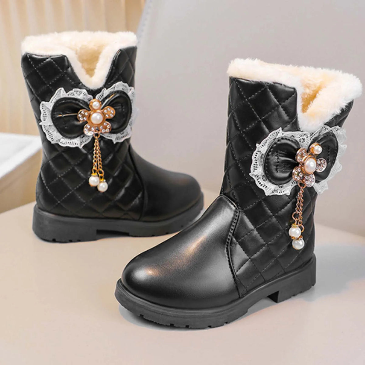 Quilted Bow Plush-Lined Ankle Boots for Girls