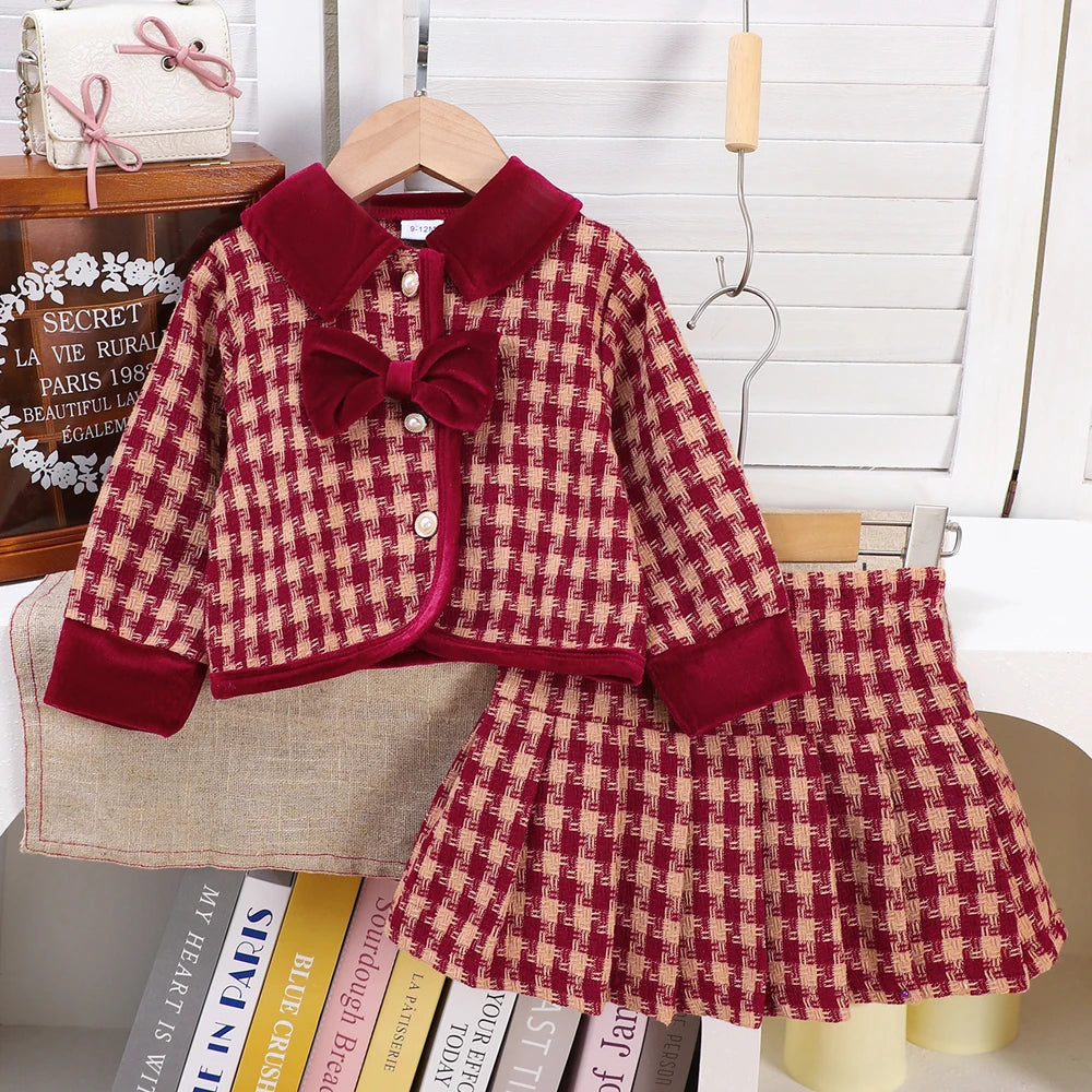Burgundy Plaid Bow Jacket & Pleated Skirt Set for Girls