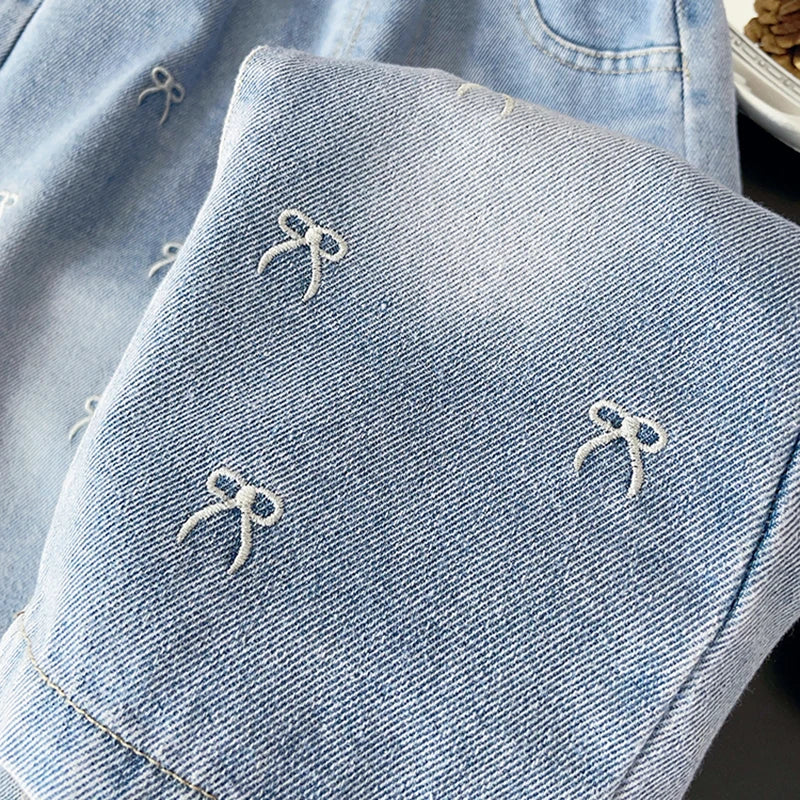 Embroidered Mini Bow Wide-Leg Jeans for Girls