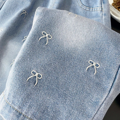 Embroidered Mini Bow Wide-Leg Jeans for Girls
