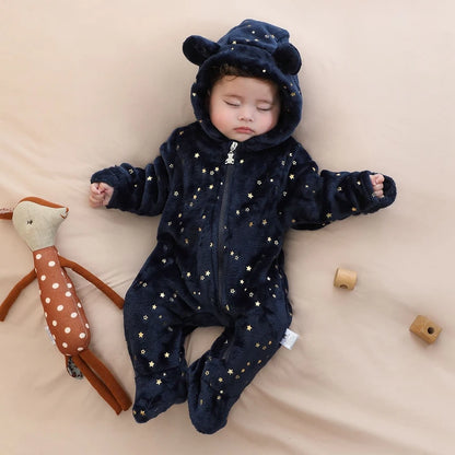 Plush Hooded Baby Jumpsuit – Cozy Flannel One-Piece with Bear Ears (0–12 Months)