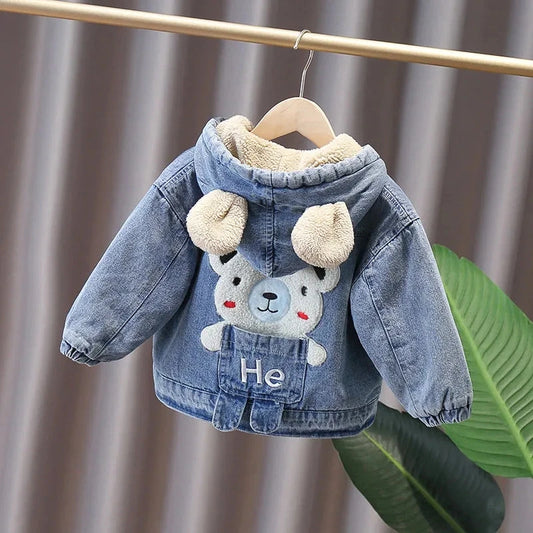 Baby & Toddler Denim Hooded Jacket with Fleece Lining – Cozy Bear Design (Spring–Fall)