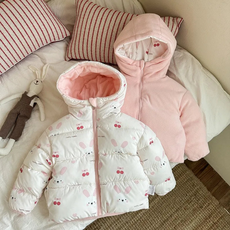 Reversible Bunny Print Hooded Puffer Jacket for Girls